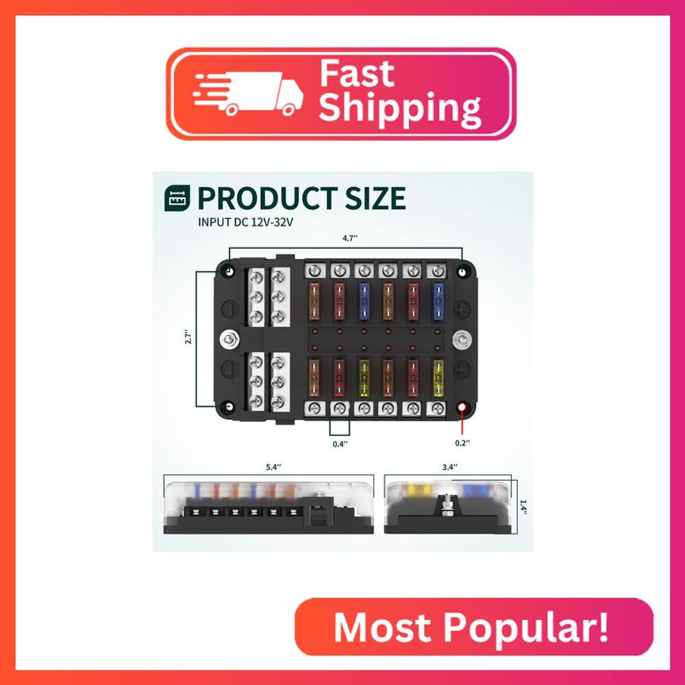 DaierTek 12 Way Fuse Block, 12 Volt Blade Fuse Block with LED Indicator 12 Circu