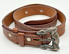 Vintage Western Style Sterling Silver Ranger Leather Belt, Mexico TC-48, 925