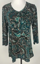 SUSAN GRAVER 3/4sl 'Paisley Liquid Knit V-Neck Knit Top' - XS, Teal Brown