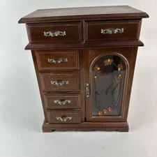 VTG Large Wood Floral Jewelry Box Armoire Drawers Stained Glass 12"x9"