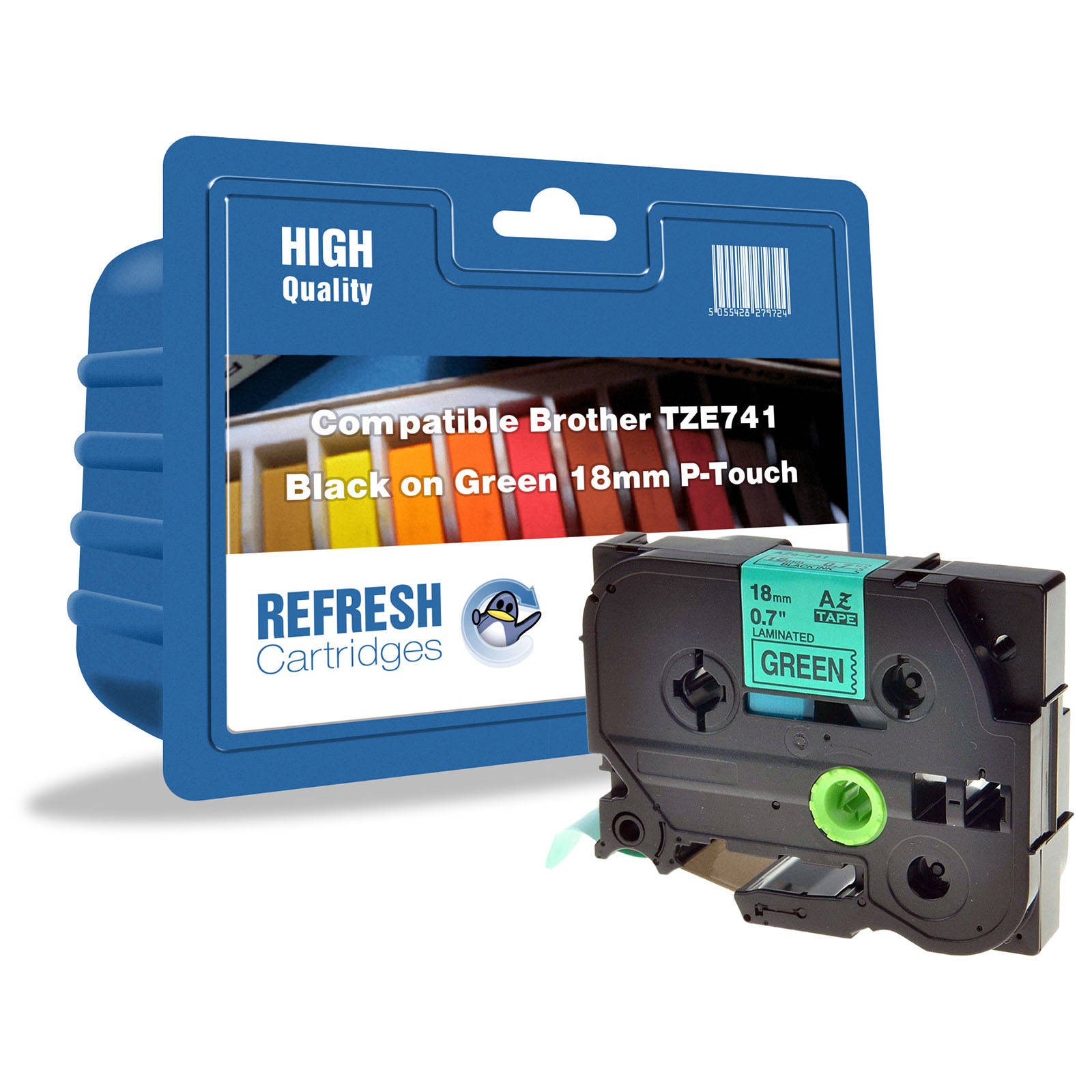 Refresh Cartridges TZe-741 18mm Black on Green Label Tape For Brother P-Touch