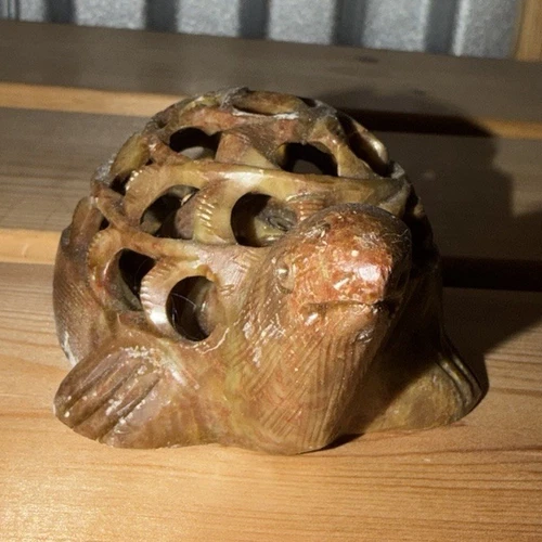 Carved Stone Turtle Figurine Sculpture with Openwork Shell Reptile Decor