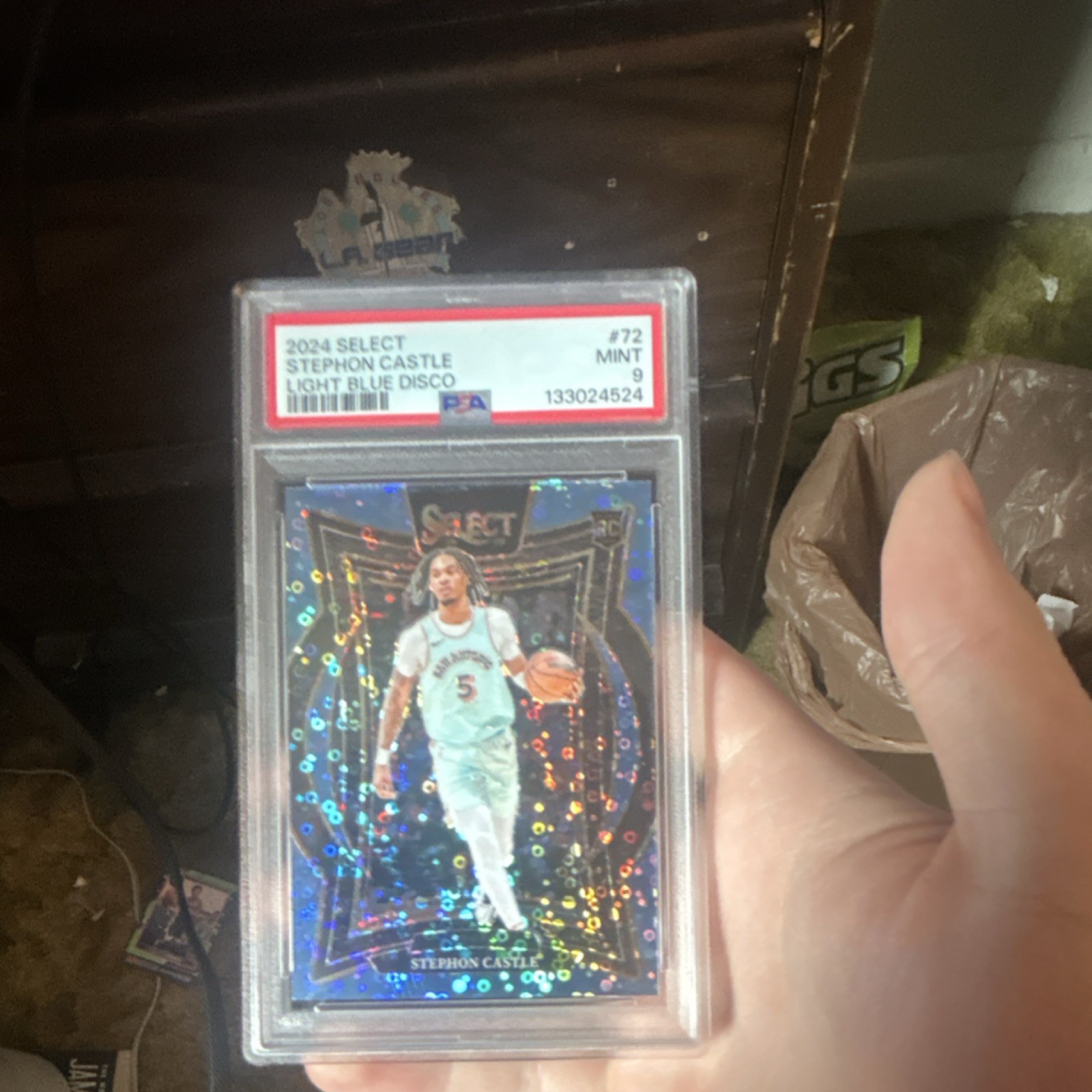 2024-25 Panini Select Stephon Castle #72 Light Blue Disco Prizm /99 PSA 9 Spurs