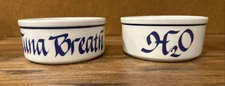 Tuna Breath Cat Food Dish & H2O Water Bowl Set Heavy White & Blue Ceramic  CUTE
