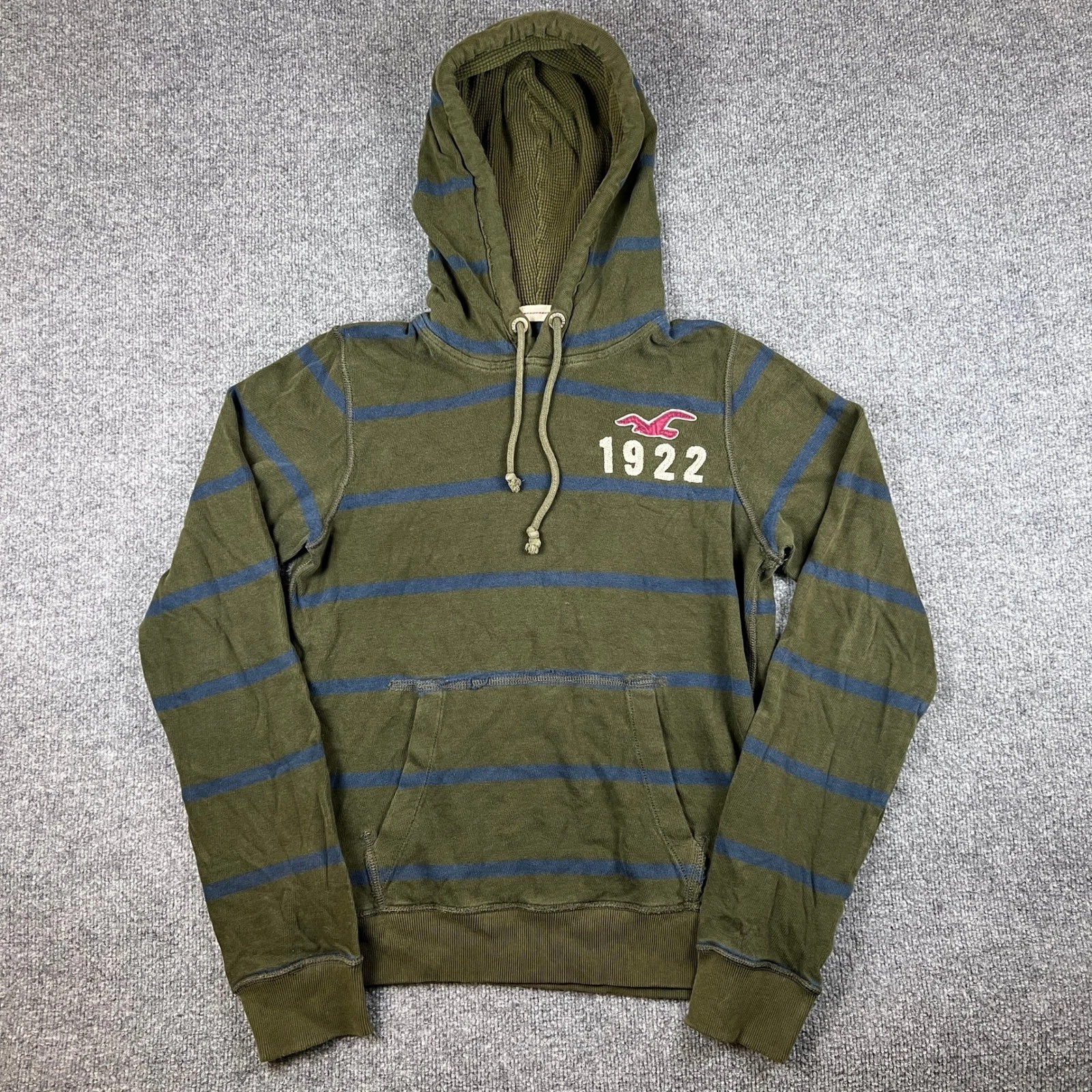 Vintage Hollister Hoodie Mens M Green Blue Striped Thermal Lined 1922 Y2K Surf