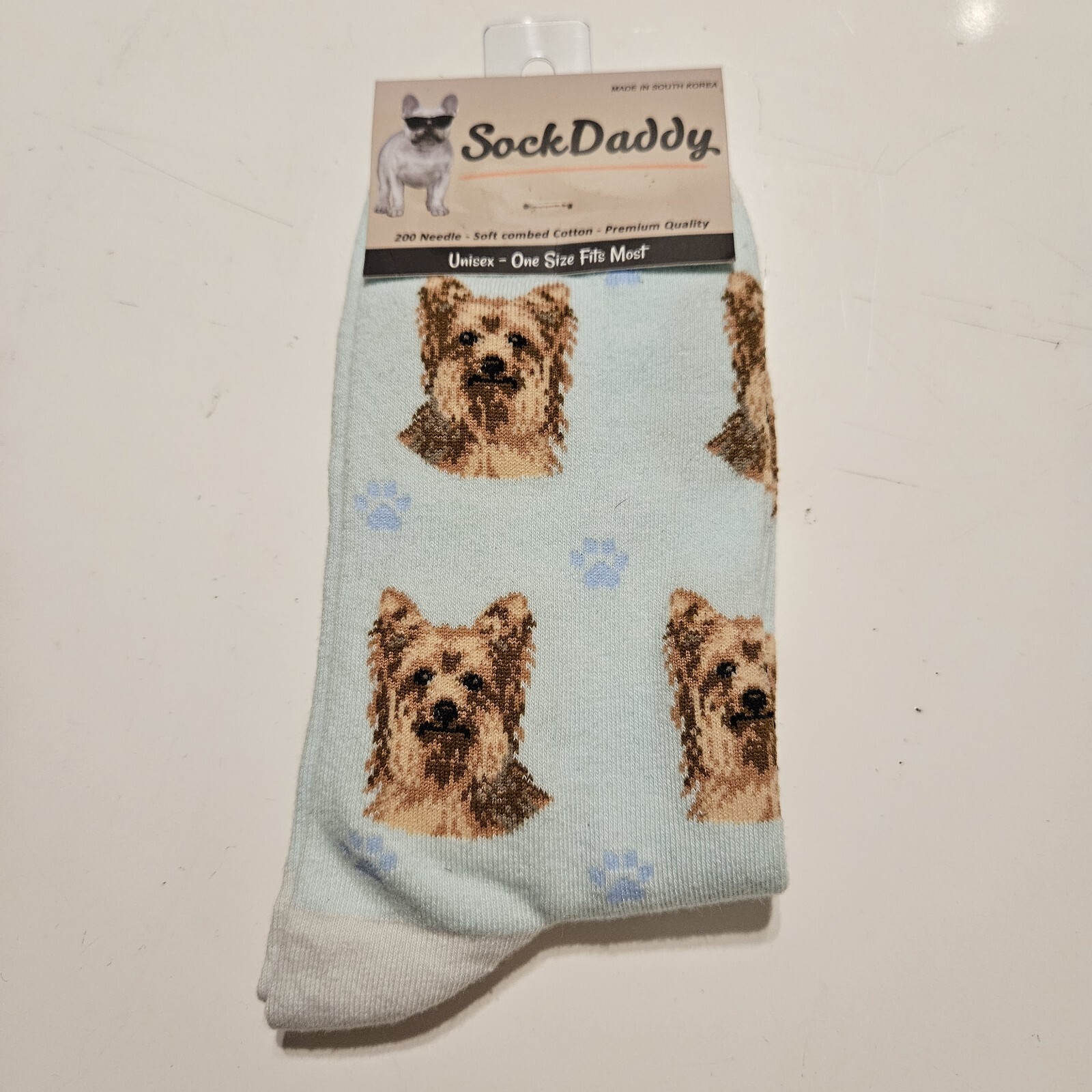 Sock Daddy Novelty Socks YORKIE Cotton Blend Mint Green PAW PRINT NWT
