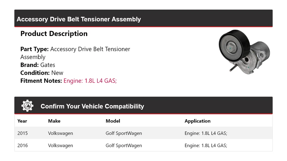 For 2015-2016 Volkswagen Golf SportWagen Drive Belt Tensioner Assembly Gates - Image 2 of 4