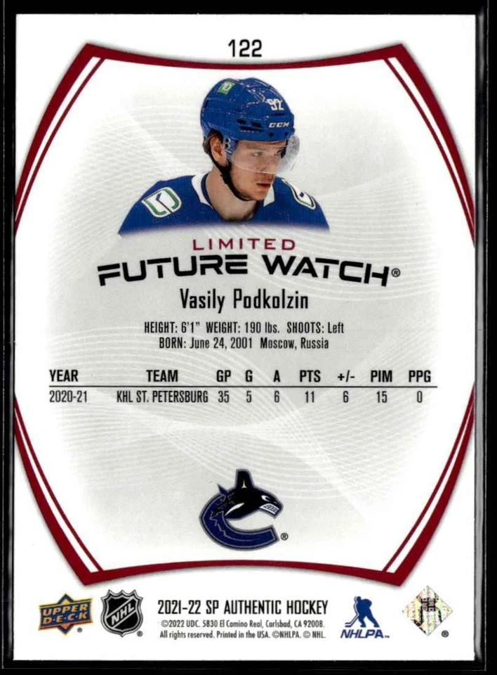 2021-22 Sp Authentic limited red Future watch Vasily Podkolzin Rookie #122 H4R2J - Image 2 of 2
