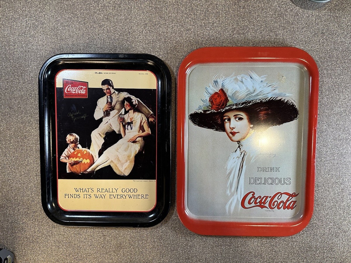 2 Vintage metal coca-cola Coke trays Lady In The Hat By Hamilton