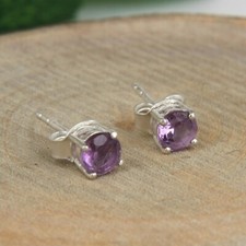 Solid 925 Sterling Silver Amethyst Gemstone Round Stud Earrings For Women's