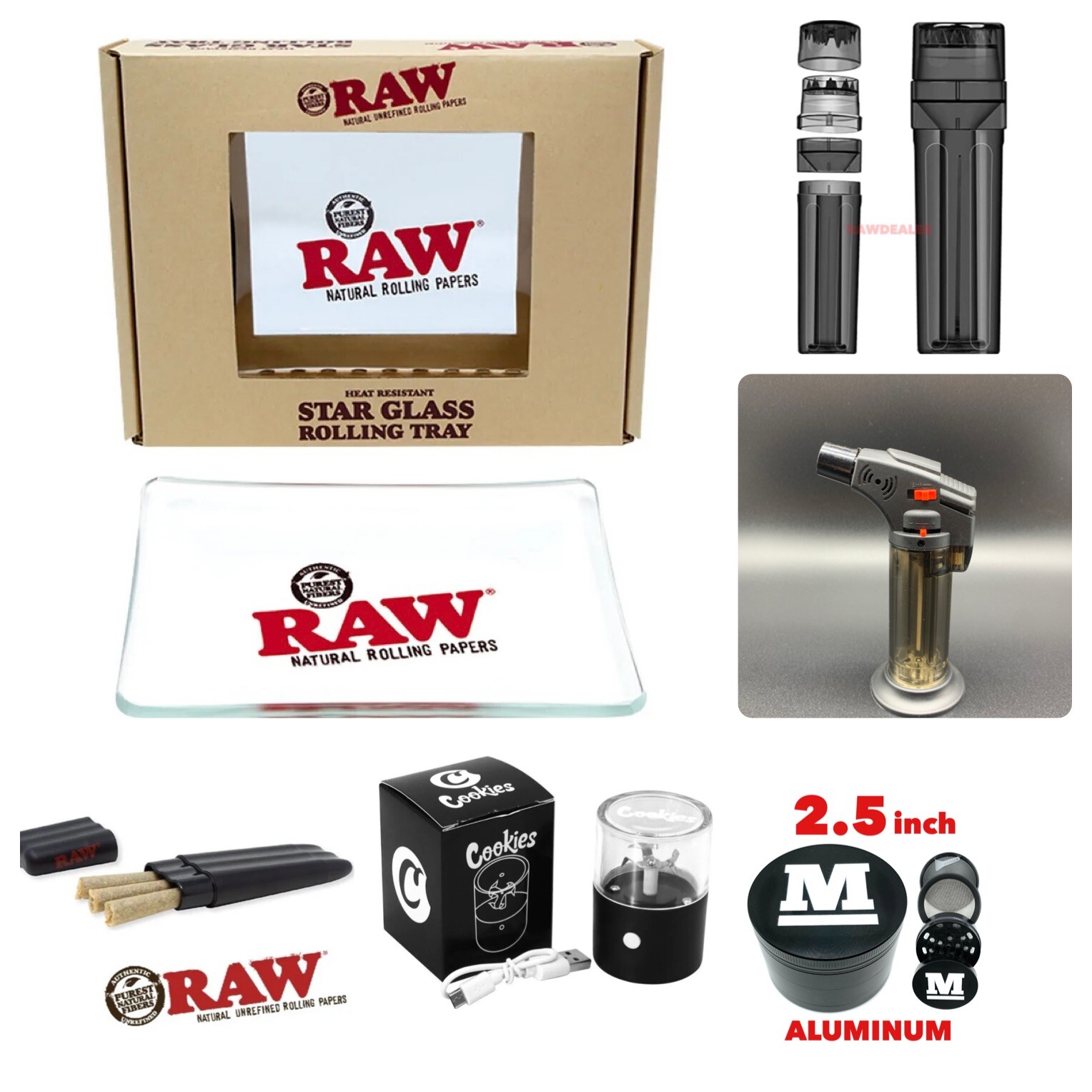 raw glass star rolling tray +raw three tree cone case+loader