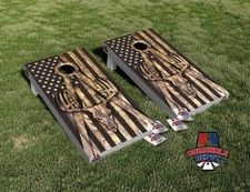 American Flag Deer Skull Burn Wood Cornhole Board Vinyl Wrap Laminated Decal