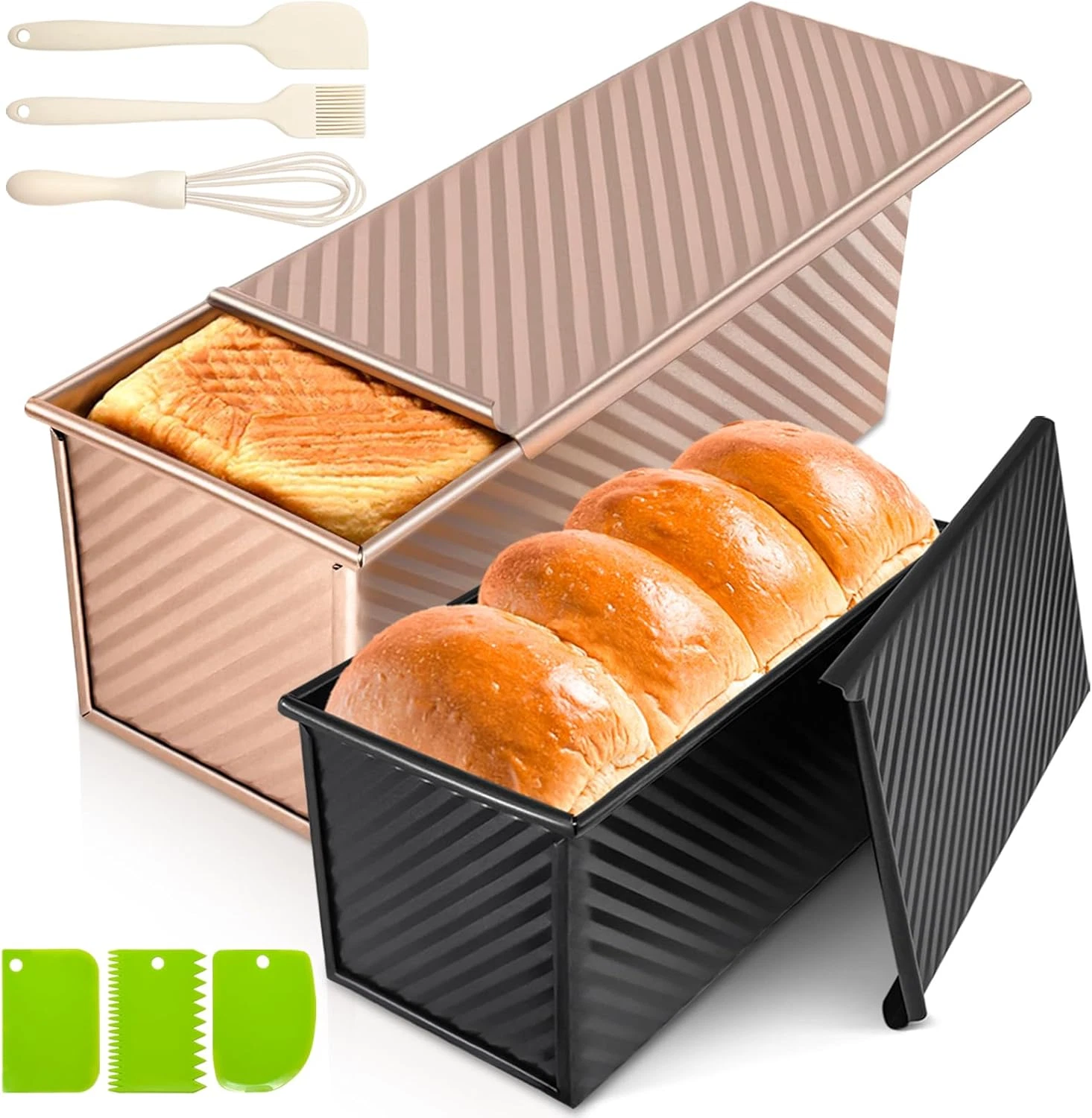 2Pack Pullman Loaf Pans with Lids – 2.2 LB & 1 LB Dough Capacity, Non-Stick Carb