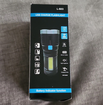 L-S03 LED Flashlight USB Rechargeable Battery Indicator Water-Resistant Black