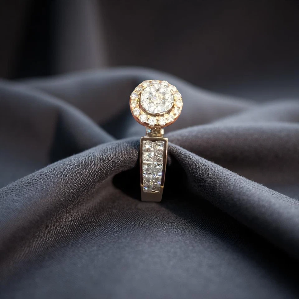 Anillo de aniversario pavé 1,07 TCW princesa corte redondo diamantes naturales halo oro 14K Foto 4 de 4