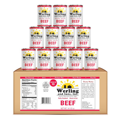 Werling Meat Canned Beef 14.5 Oz   Fully Cooked, Heat & Eat | Shelf Stable Canne