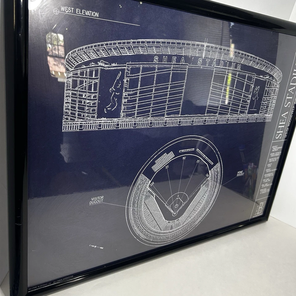 New York Mets Shea Stadium Ballpark Blueprint. Plastic Black Frame.  18x24 - Image 4 of 4