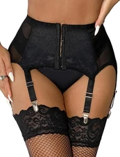Plus Size Garter Belt for Thigh Highs Black Lace Mesh Suspenders Belt with 6 ...