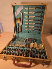 Vintage MCM Wood Handle Gold Tone 28pc Flatware Set Bangkok Wood Case  Sharp. 
