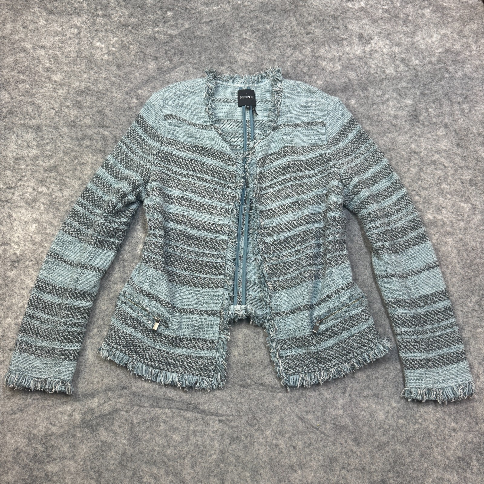 Nic + Zoe Blazer Jacket Womens Medium Blue Gray Striped Woven Open Fringe Career