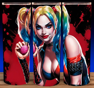 Harley Quinn Pulling Pink Grenade Pin Comic Book Superhero Cup Mug Tumbler 20oz