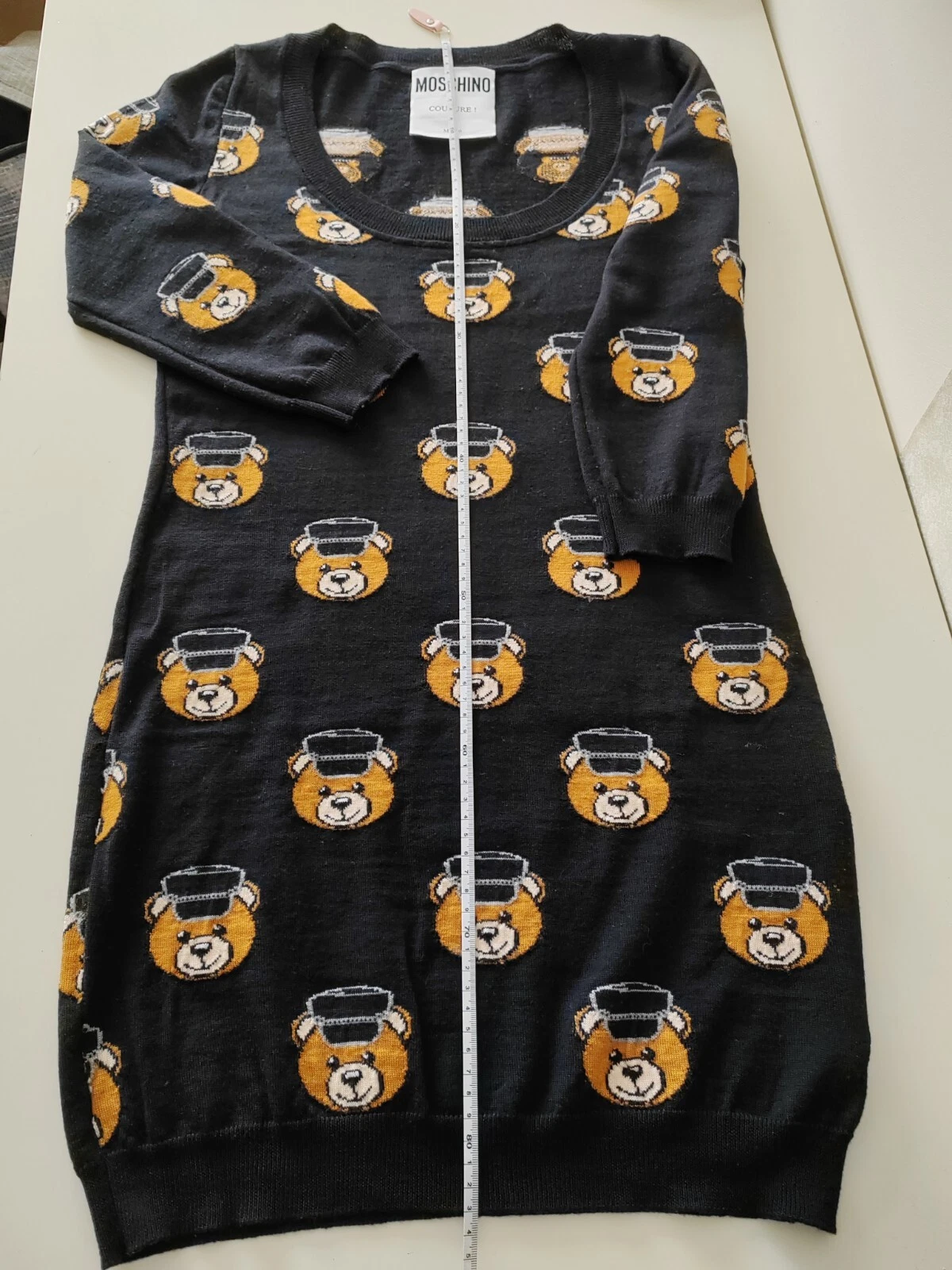 Moschino Couture Mini Abito Nero Orsacchiotto Lana Vergine Taglia UK 12