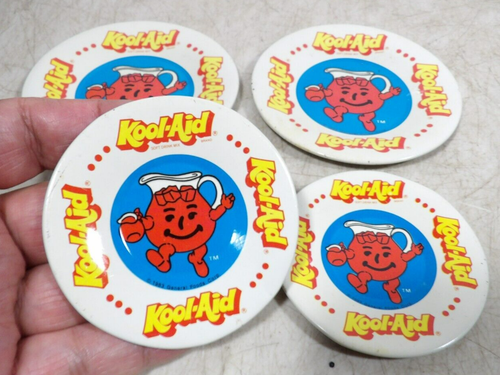 Vintage 1983 Kool-Aid Man Soft Drink 2 Sets Small Tin Metal "Tea" Plates Saucers - Picture 2 of 4