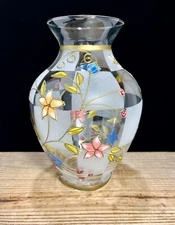 8” ART GLASS VASE - HAND PAINTED Floral VASE frosted