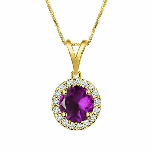 14K White Gold 7mm Round Amethyst Solitaire Pendant Necklace With Silver Chain Included