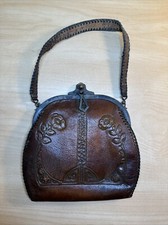 Antique Art Nouveau Floral Flower Tooled Brown Leather Purse JEMCO 1921