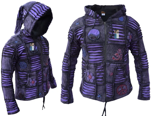 Men Purple Jacket Psychedelic Gothic Fleece lined Embroidery Elf Pointed Hoodie