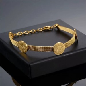 Authentic ZARD Saint Benedict Cross Charm Mesh Bracelet Italian 18k Gold Plated San Benito