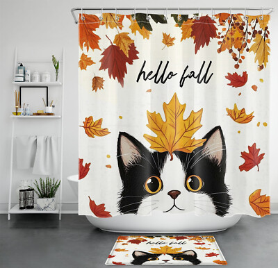 Orange Maple Leaves Cute Funny Fall Cat Shower Curtain Bathroom Accessories Set