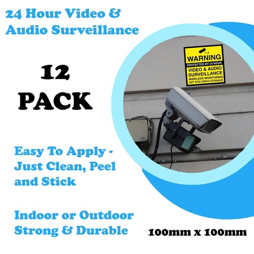 12 Pack CCTV Warning Stickers -100mm x 100mm - "Protected by 24hr Video & Audio" - Picture 3 of 7