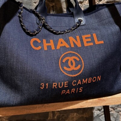 Chanel 2017 Dark Blue Denim Orange CC Logo Large Deauville Bag | eBay