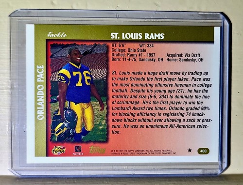 Orlando Pace 1997 Topps Draft Pick #400 NFL Rookie Card Rams - Picture 2 of 2