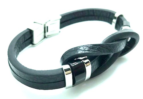 Neu Unisex Schwarz Leder Doppel Knoten Ewigkeit Armband mit Silber Verschluss - Bild 2 von 5