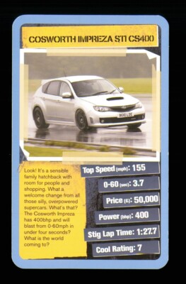1 x Top Trumps Karte Top Gear 2 coole Autos - Cosworth Impreza STI CS400   T20c