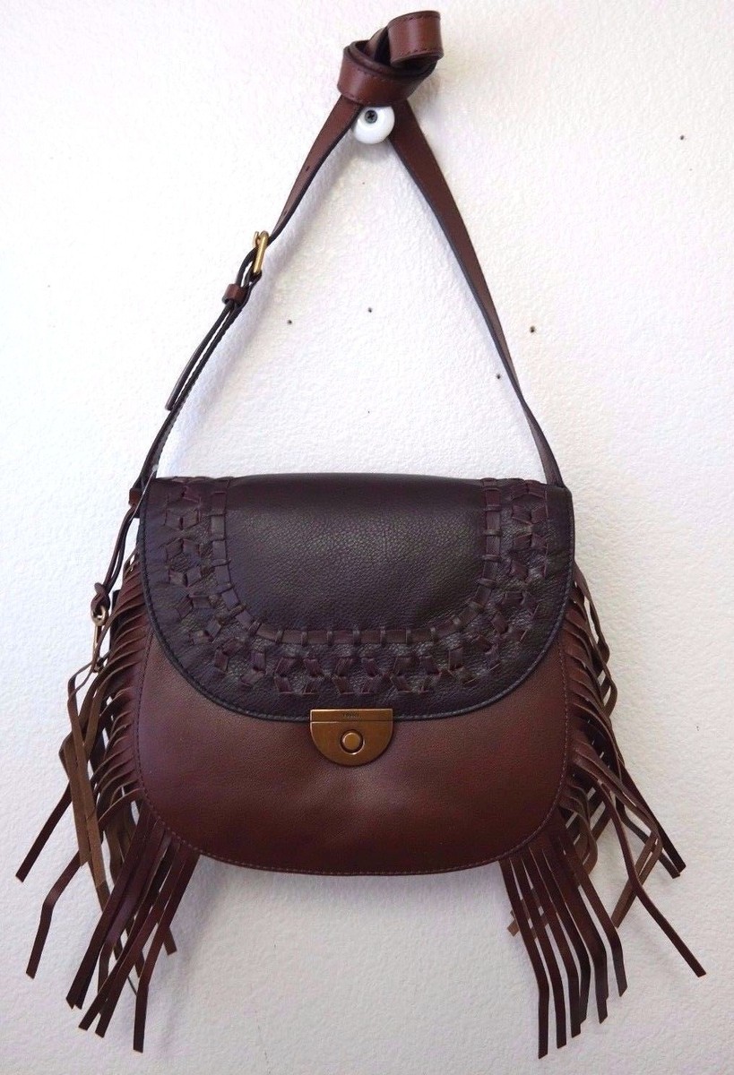Fossil Emi Large Fringe Saddlebag Multi Brown ZB6889249 NWT