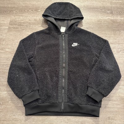 Nike Hoodie Boys Large Black Sportswear Club Fleece Teddy Full Zip Logo Hooded
