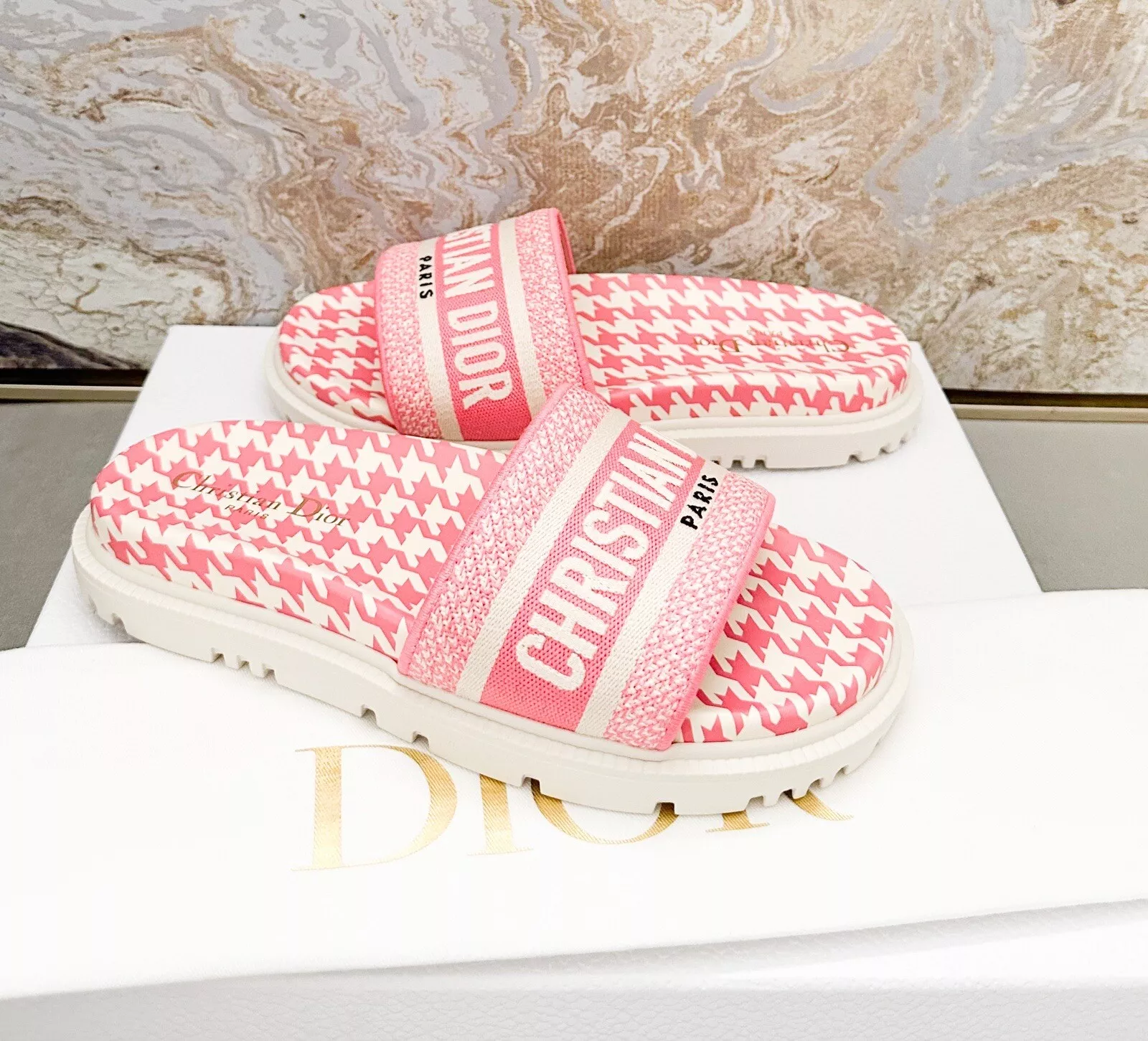 Sandales coulissantes brodées Dway en toile Christian Dior Houndstooth