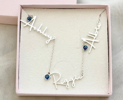 Personalised 925 Sterling Silver Name Necklace with Evil Eye, Multiple Names