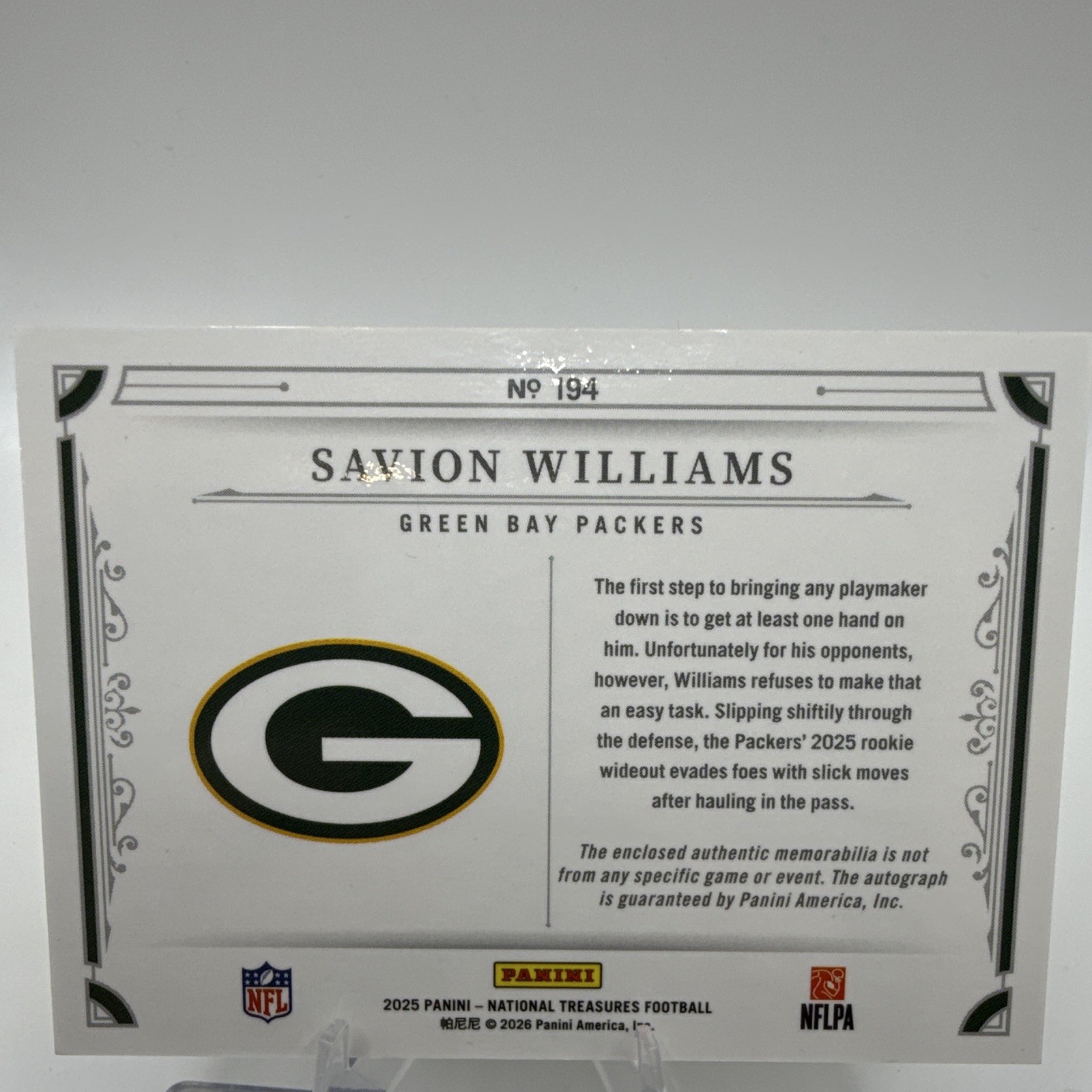 Panini National Treasures 2025 Savion Williams RC RPA Auto 8/10 #194 Packers view 5