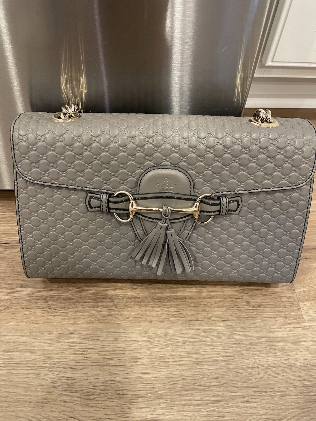 Gucci Medium Grey MicroGuccissima Leather Emily Chain Shoulder Bag