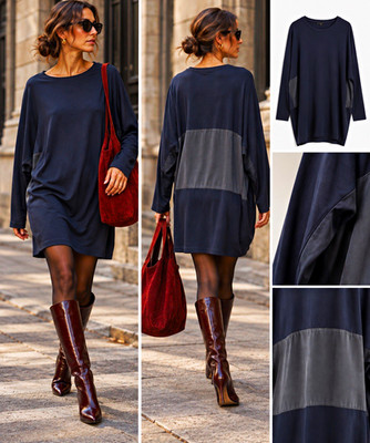 COS Navy Cocoon Dress M with Silk Panel Viscose Oversized High Low Minimalist