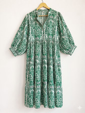 Dark Green Floral Cotton Dress Women Boho Ethnic Summer Midi Maxi Dress