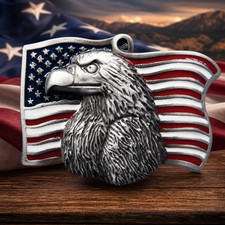 Bald Eagle American Flag Metal Belt Buckle Antique Silver Tone Enamel USA