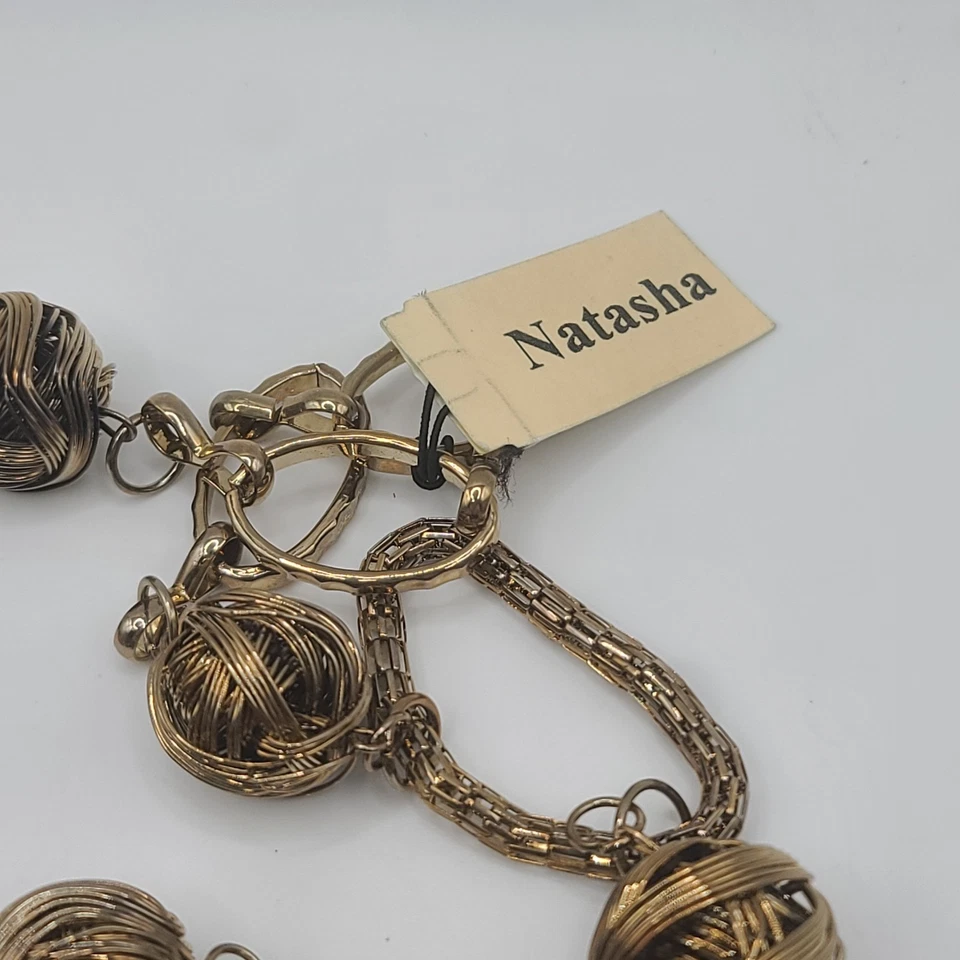 Collar bola envuelta eslabones tono dorado cuentas firmado Natasha 31" Foto 4 de 4