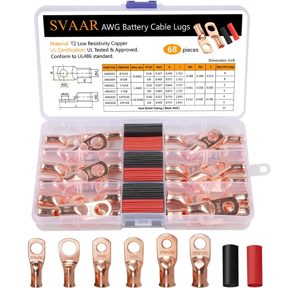 68pcs Heavy Duty Battery Cable Lugs Kit for 1/0 1 8 AWG Wires