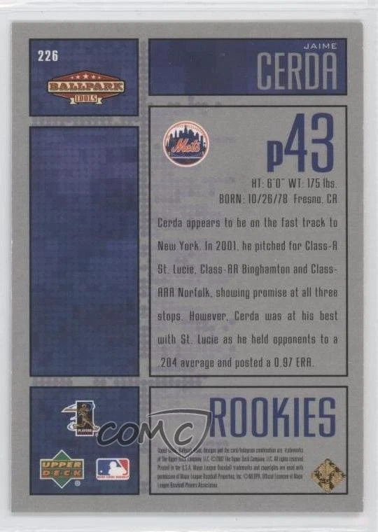 2002 Upper Deck Ballpark Idols Rookies Gold /25 Jaime Cerda #226 Rookie RC - Image 2 of 2